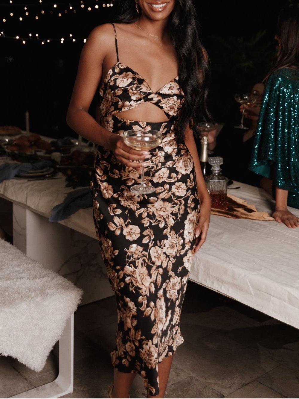 Petal & Pup Black Satin Floral Cutout Midi Dress